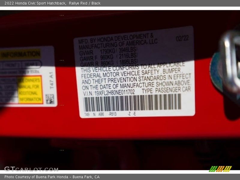 2022 Civic Sport Hatchback Rallye Red Color Code R513