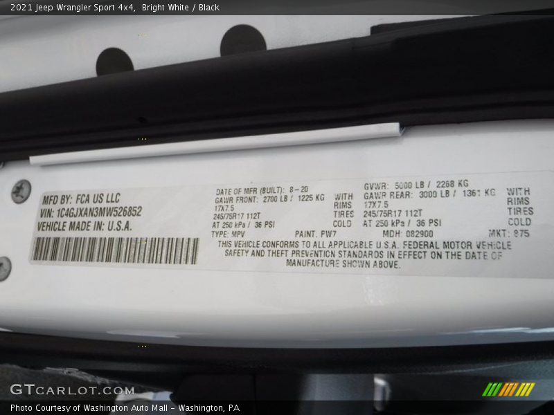 Bright White / Black 2021 Jeep Wrangler Sport 4x4