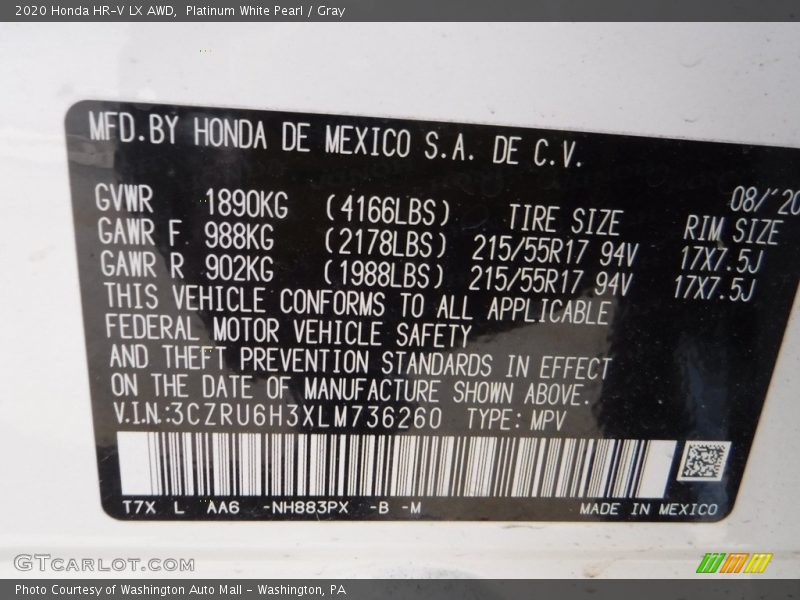 Platinum White Pearl / Gray 2020 Honda HR-V LX AWD