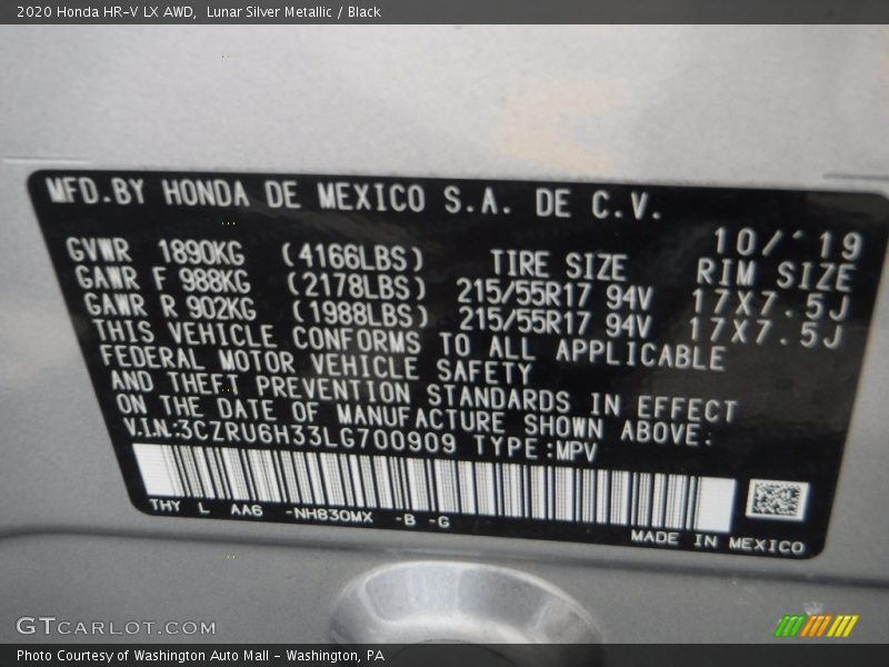 Lunar Silver Metallic / Black 2020 Honda HR-V LX AWD