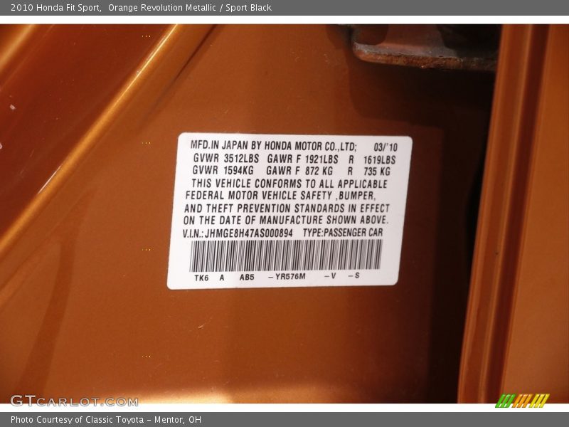 Orange Revolution Metallic / Sport Black 2010 Honda Fit Sport