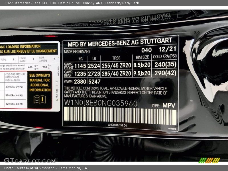 2022 GLC 300 4Matic Coupe Black Color Code 040