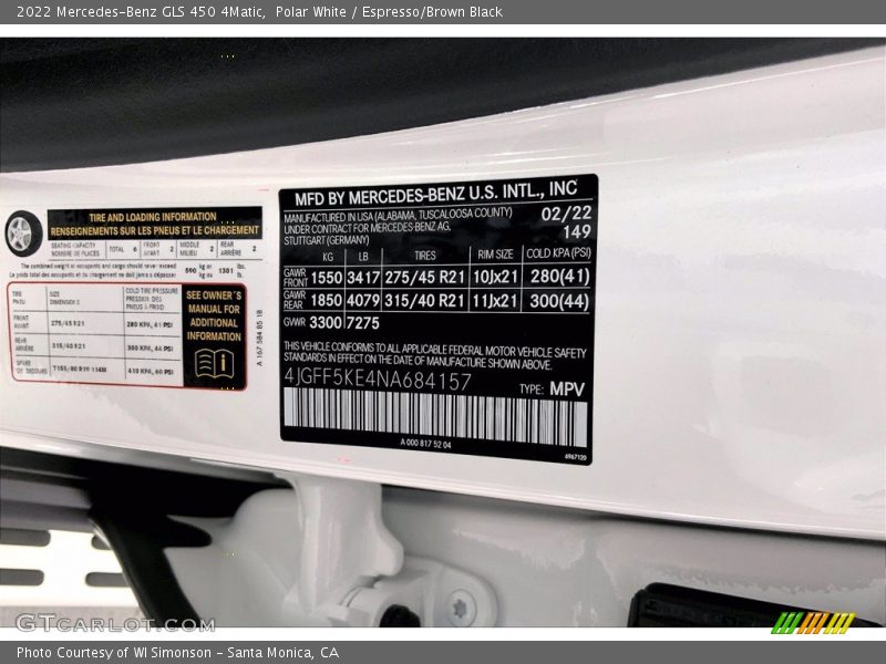 2022 GLS 450 4Matic Polar White Color Code 149