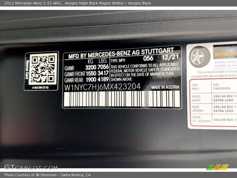 2021 G 63 AMG designo Night Black Magno (Matte) Color Code 056