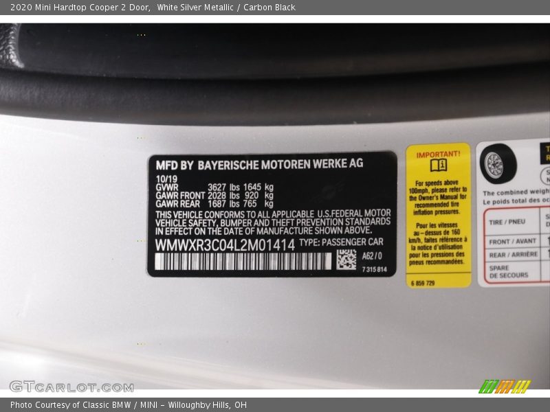 White Silver Metallic / Carbon Black 2020 Mini Hardtop Cooper 2 Door