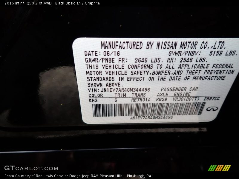 2016 Q50 3.0t AWD Black Obsidian Color Code KH3