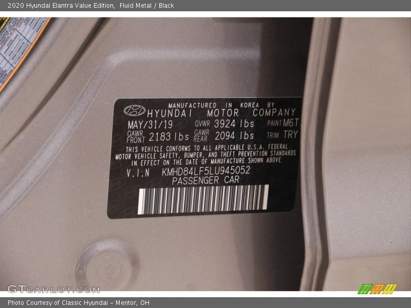 Fluid Metal / Black 2020 Hyundai Elantra Value Edition