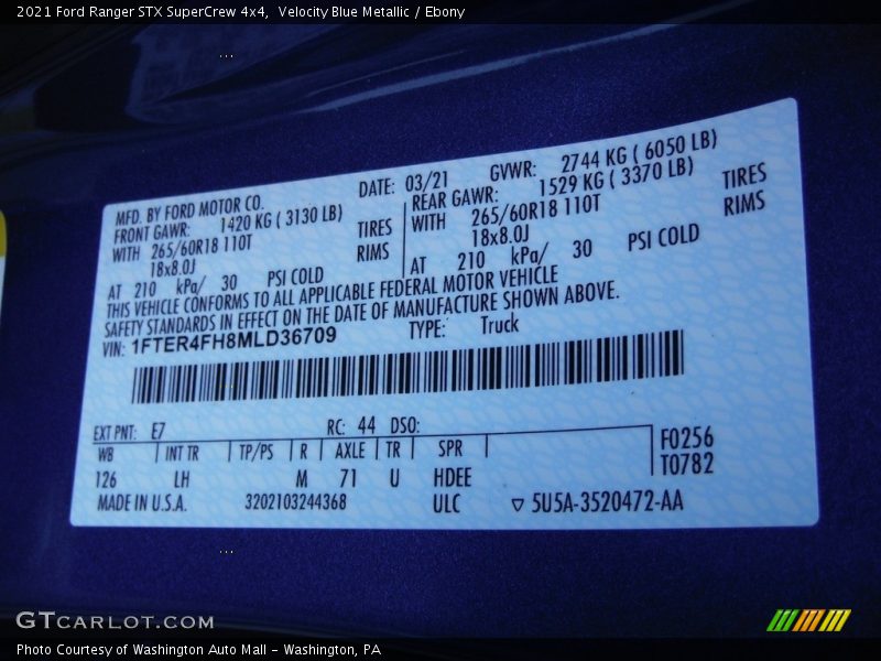 Velocity Blue Metallic / Ebony 2021 Ford Ranger STX SuperCrew 4x4