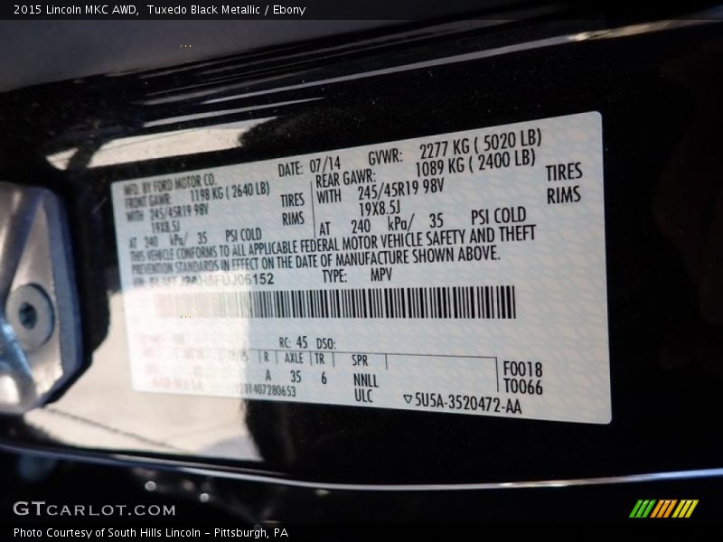 Tuxedo Black Metallic / Ebony 2015 Lincoln MKC AWD