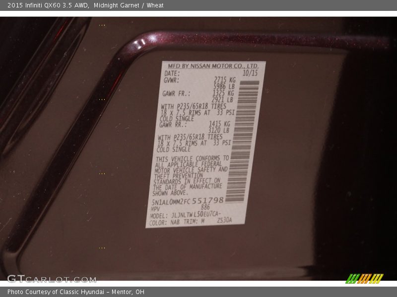 Midnight Garnet / Wheat 2015 Infiniti QX60 3.5 AWD