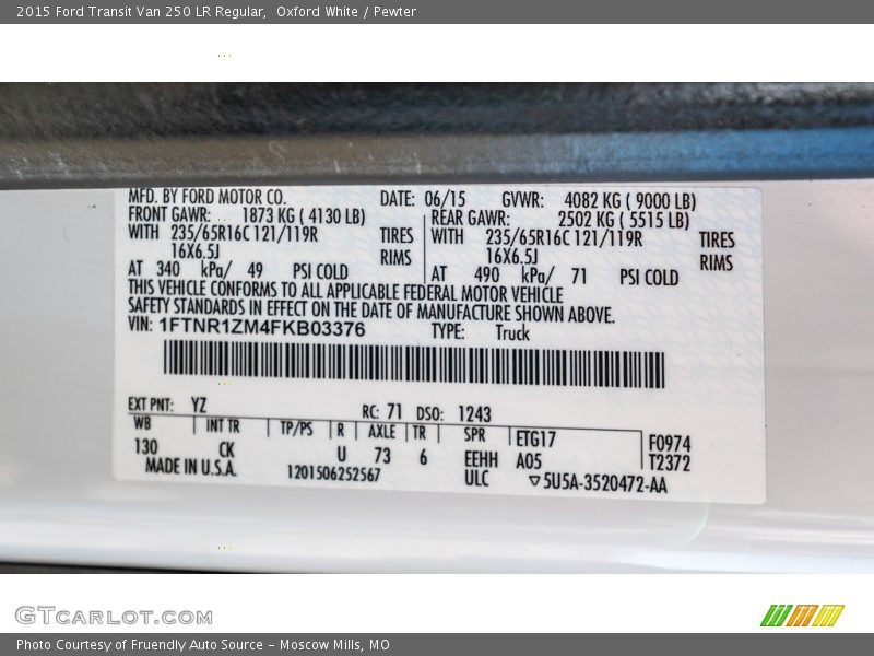 Oxford White / Pewter 2015 Ford Transit Van 250 LR Regular
