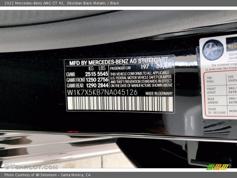 2022 AMG GT 43 Obsidian Black Metallic Color Code 197