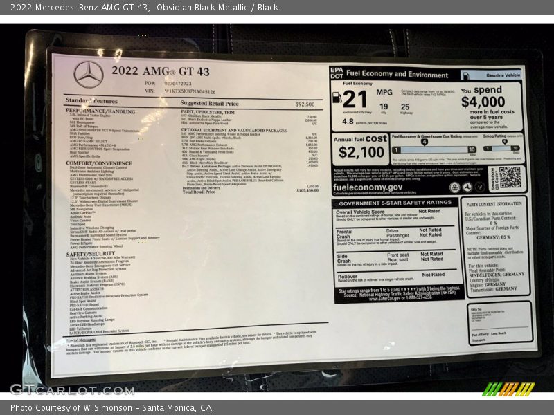 2022 AMG GT 43 Window Sticker