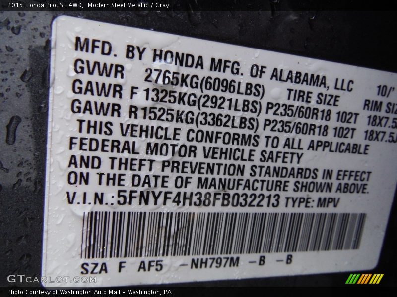 Modern Steel Metallic / Gray 2015 Honda Pilot SE 4WD