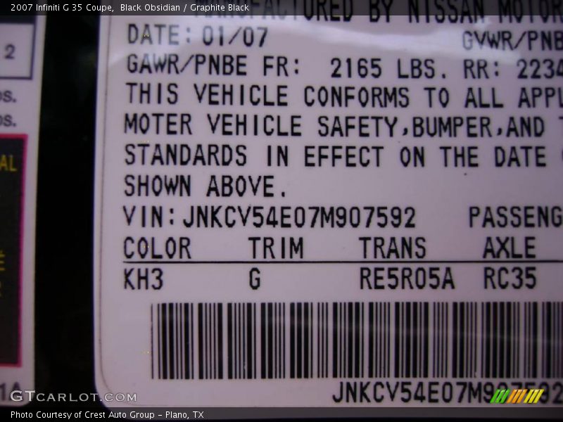 Black Obsidian / Graphite Black 2007 Infiniti G 35 Coupe