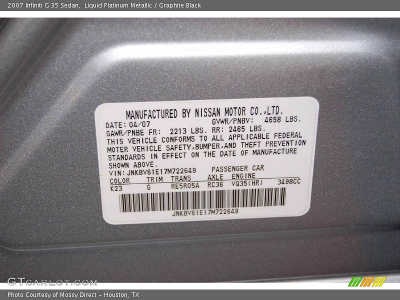 Liquid Platinum Metallic / Graphite Black 2007 Infiniti G 35 Sedan