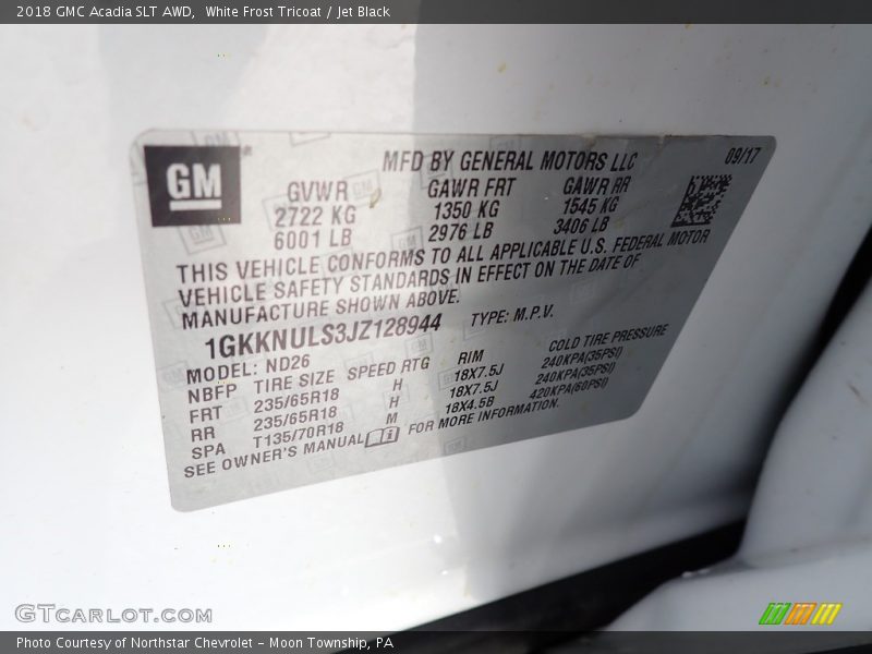 White Frost Tricoat / Jet Black 2018 GMC Acadia SLT AWD