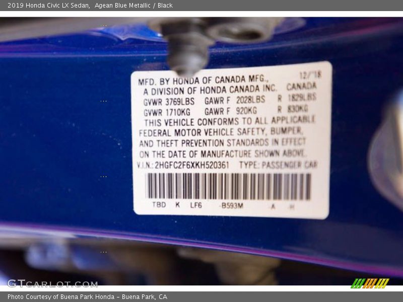 Agean Blue Metallic / Black 2019 Honda Civic LX Sedan