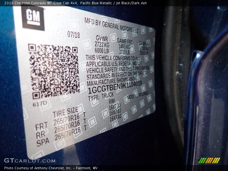 Pacific Blue Metallic / Jet Black/Dark Ash 2019 Chevrolet Colorado WT Crew Cab 4x4