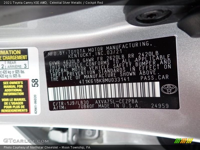 2021 Camry XSE AWD Celestial Silver Metallic Color Code 1J9