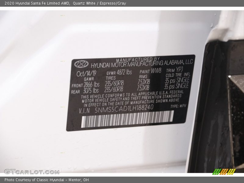 Quartz White / Espresso/Gray 2020 Hyundai Santa Fe Limited AWD