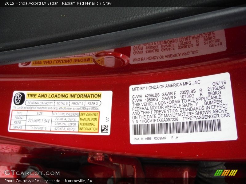 2019 Accord LX Sedan Radiant Red Metallic Color Code R569MX