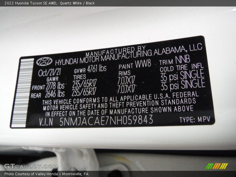 Quartz White / Black 2022 Hyundai Tucson SE AWD