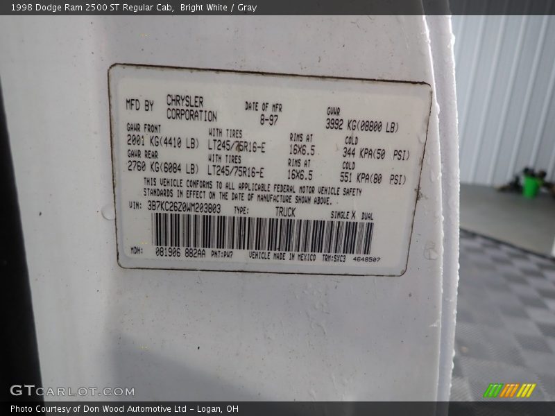 Bright White / Gray 1998 Dodge Ram 2500 ST Regular Cab