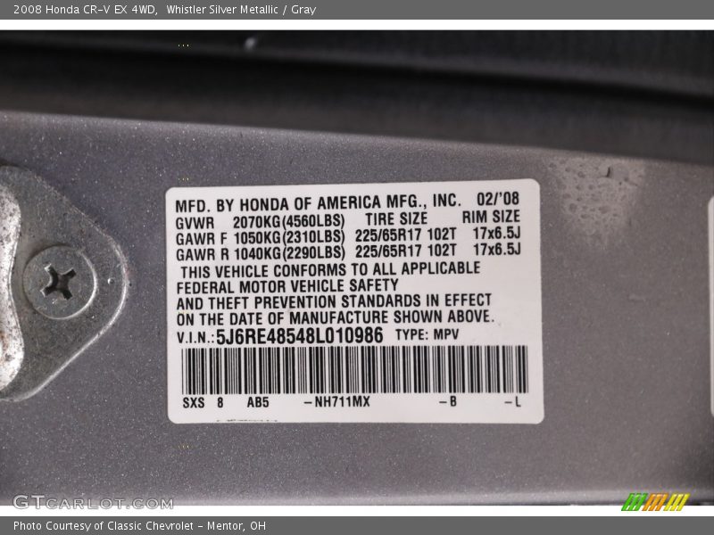 Whistler Silver Metallic / Gray 2008 Honda CR-V EX 4WD