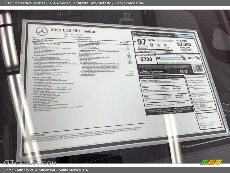 Graphite Gray Metallic / Black/Space Gray 2022 Mercedes-Benz EQS 450+ Sedan