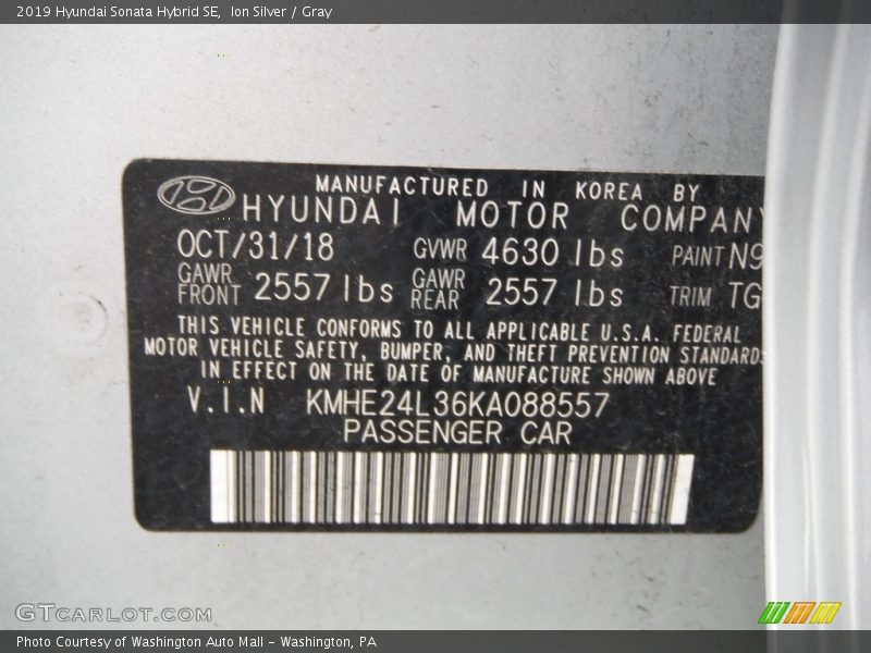 Ion Silver / Gray 2019 Hyundai Sonata Hybrid SE