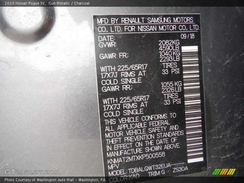 2019 Rogue SV Gun Metallic Color Code KAD