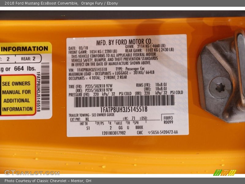 2018 Mustang EcoBoost Convertible Orange Fury Color Code NL