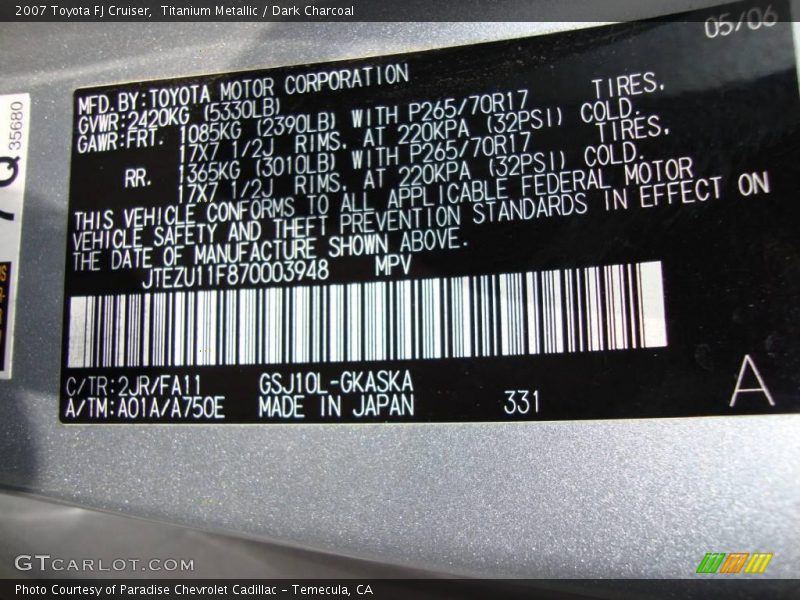 Titanium Metallic / Dark Charcoal 2007 Toyota FJ Cruiser