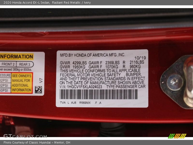 Radiant Red Metallic / Ivory 2020 Honda Accord EX-L Sedan