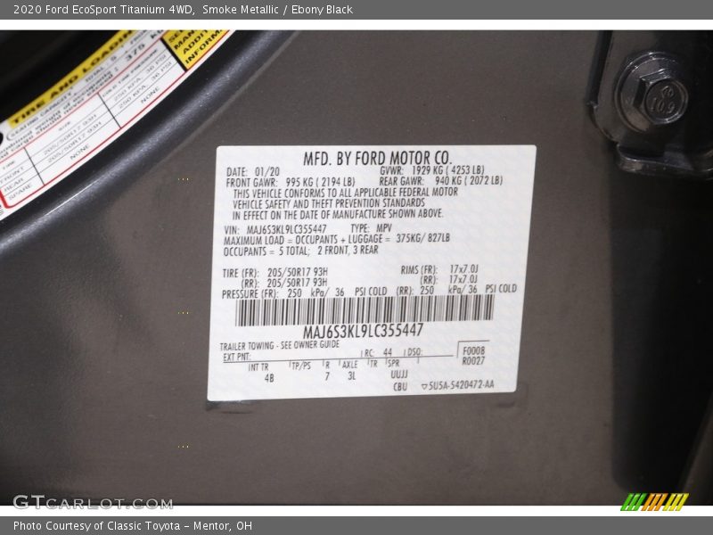 Smoke Metallic / Ebony Black 2020 Ford EcoSport Titanium 4WD