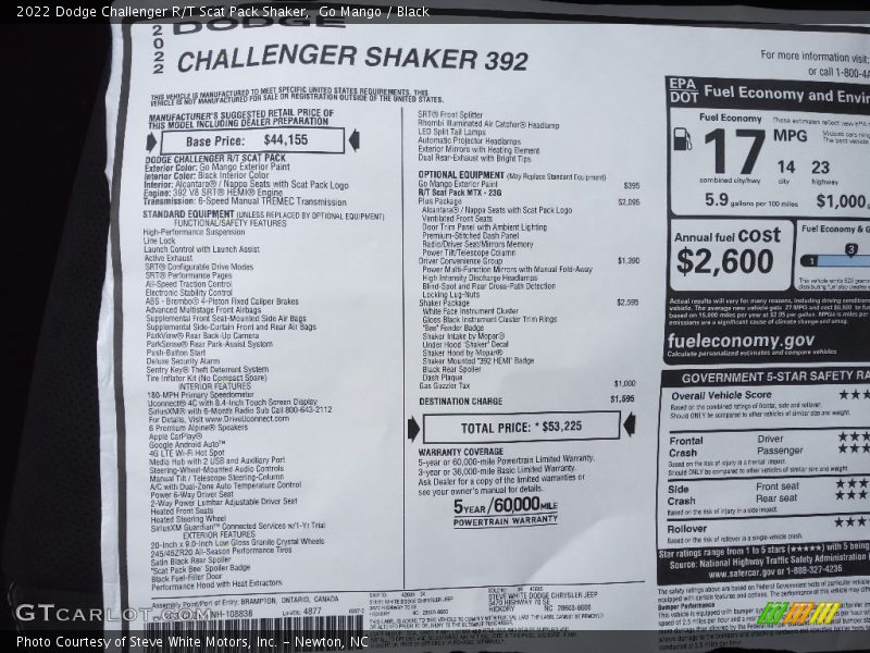  2022 Challenger R/T Scat Pack Shaker Window Sticker