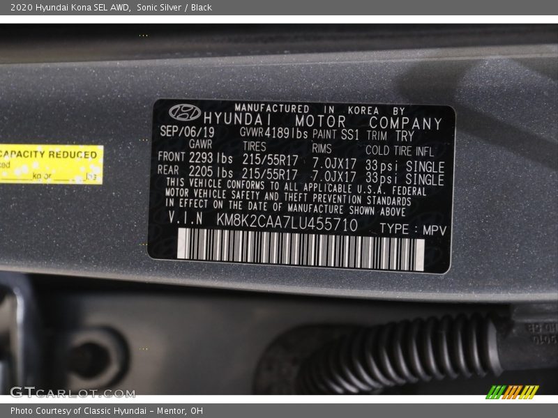 Sonic Silver / Black 2020 Hyundai Kona SEL AWD