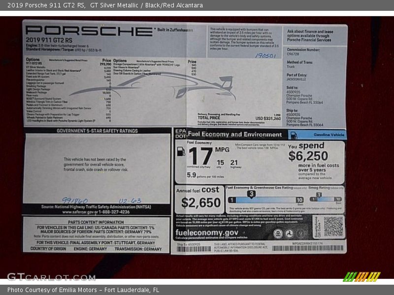  2019 911 GT2 RS Window Sticker