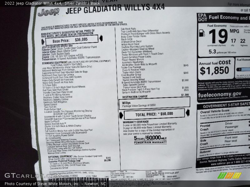 Silver Zynith / Black 2022 Jeep Gladiator Willys 4x4