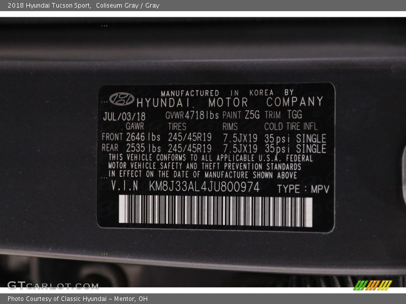 2018 Tucson Sport Coliseum Gray Color Code Z5G