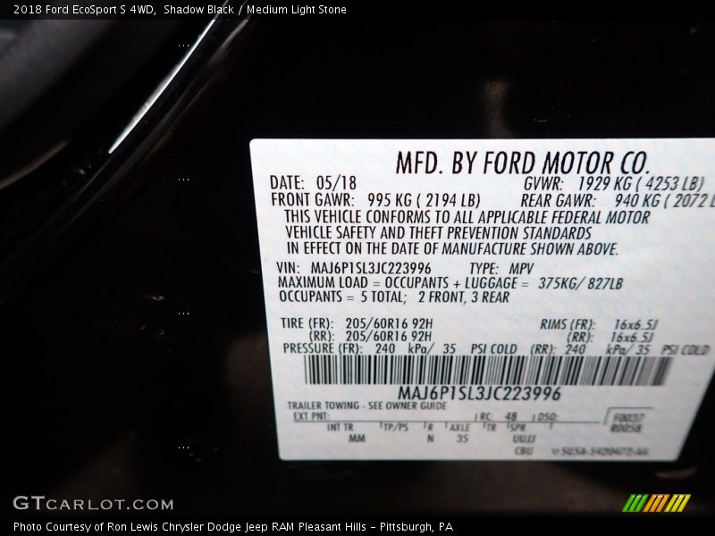 Shadow Black / Medium Light Stone 2018 Ford EcoSport S 4WD