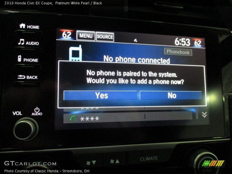Platinum White Pearl / Black 2019 Honda Civic EX Coupe