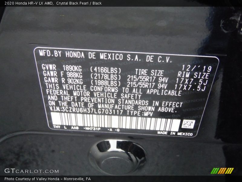 Crystal Black Pearl / Black 2020 Honda HR-V LX AWD
