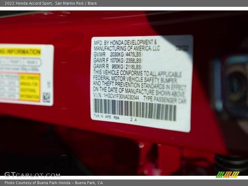 San Marino Red / Black 2022 Honda Accord Sport