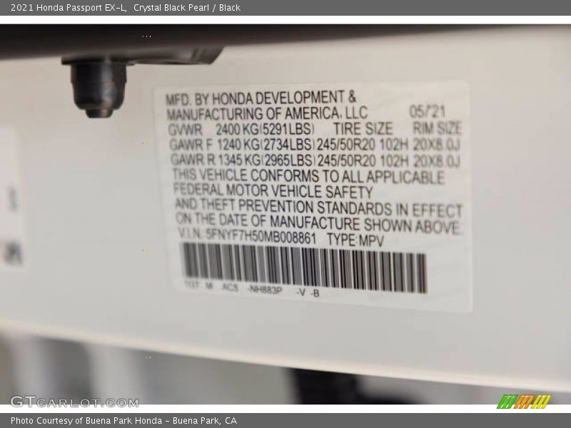 Crystal Black Pearl / Black 2021 Honda Passport EX-L