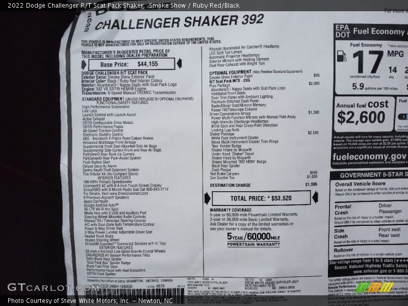  2022 Challenger R/T Scat Pack Shaker Window Sticker