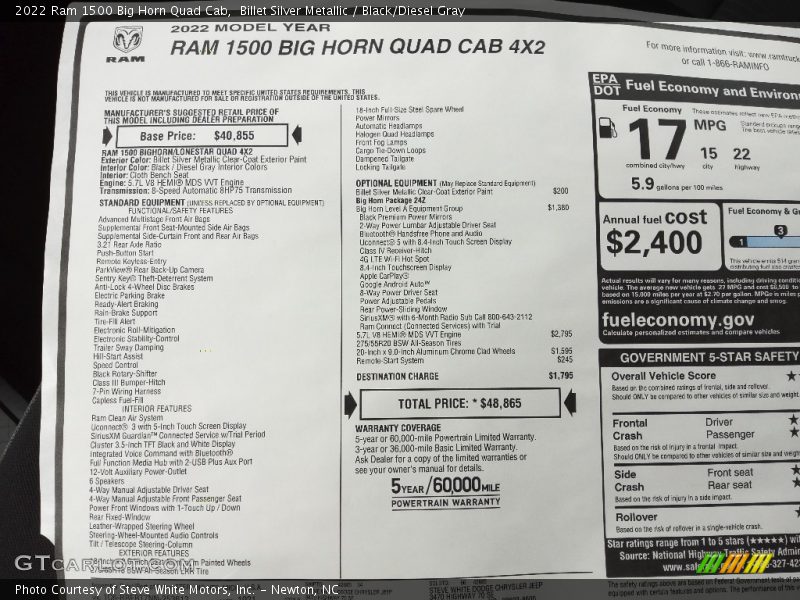  2022 1500 Big Horn Quad Cab Window Sticker