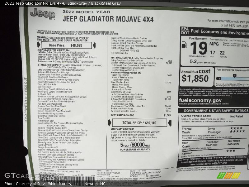  2022 Gladiator Mojave 4x4 Window Sticker