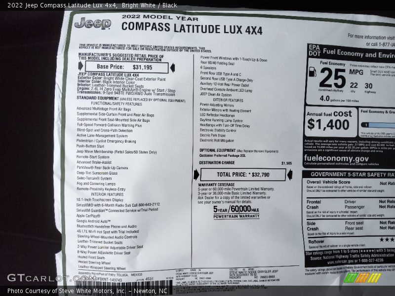  2022 Compass Latitude Lux 4x4 Window Sticker